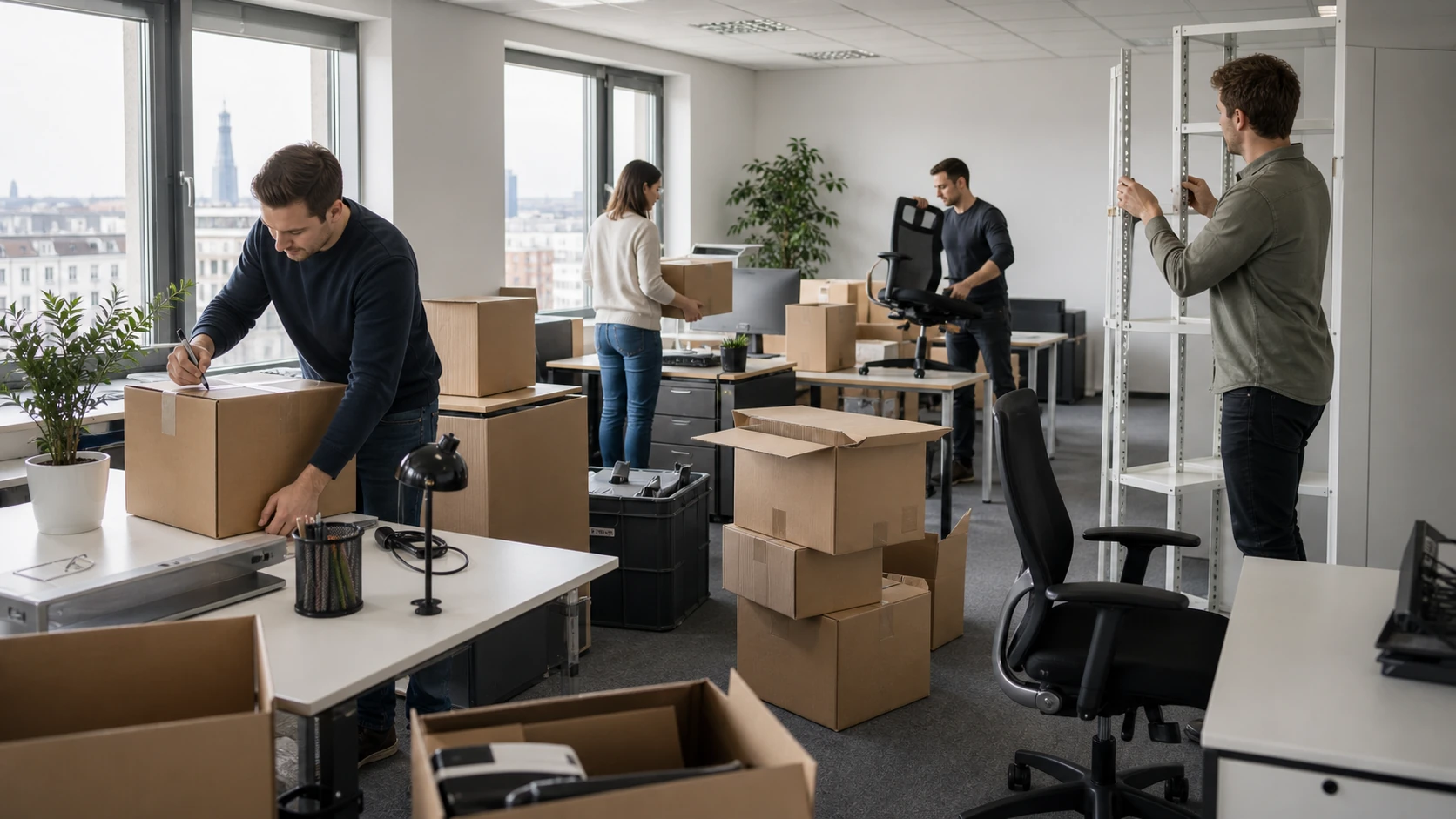 Büroteam packt einen modernen Hamburger Firmenstandort für den Umzug
