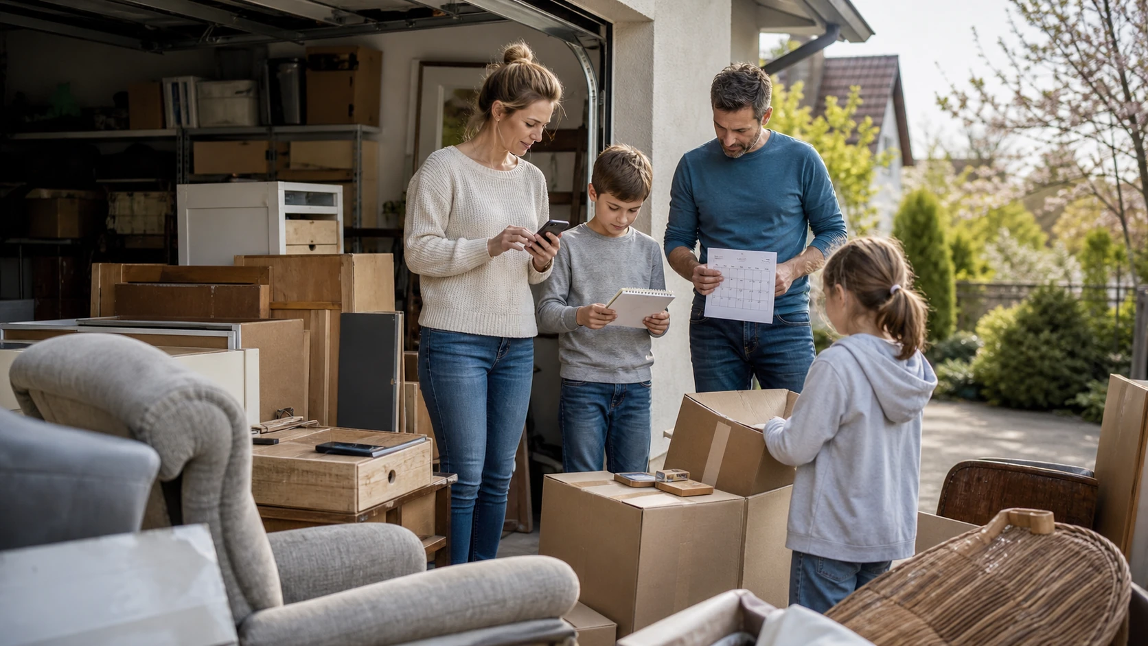 Familie plant Sperrmüll und Entrümpelung mit Smartphone und Kalender im Umland von Hamburg
