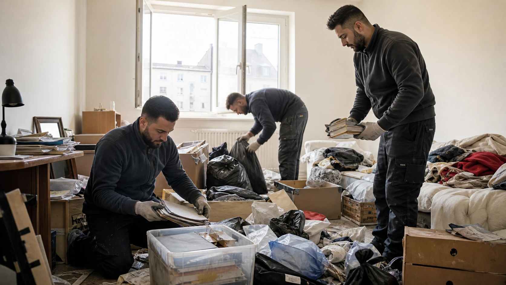 Team räumt eine stark überfüllte Wohnung in Hamburg geordnet aus