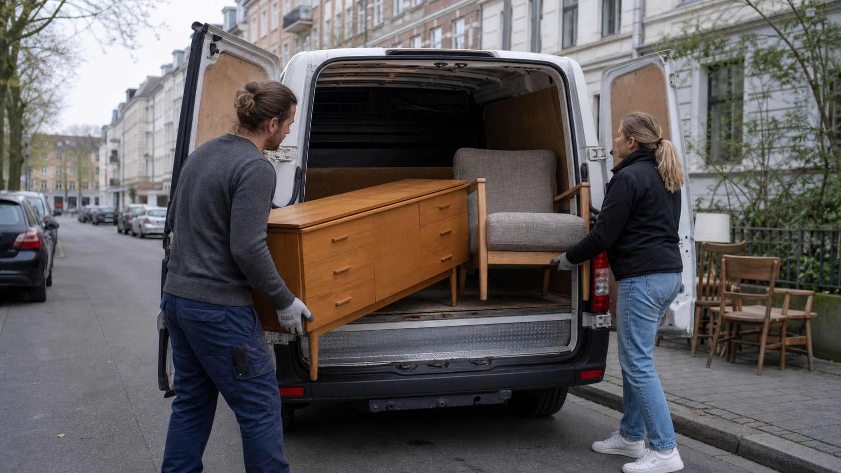 Zwei Personen laden gut erhaltene Möbel in einen kleinen Transporter in Hamburg