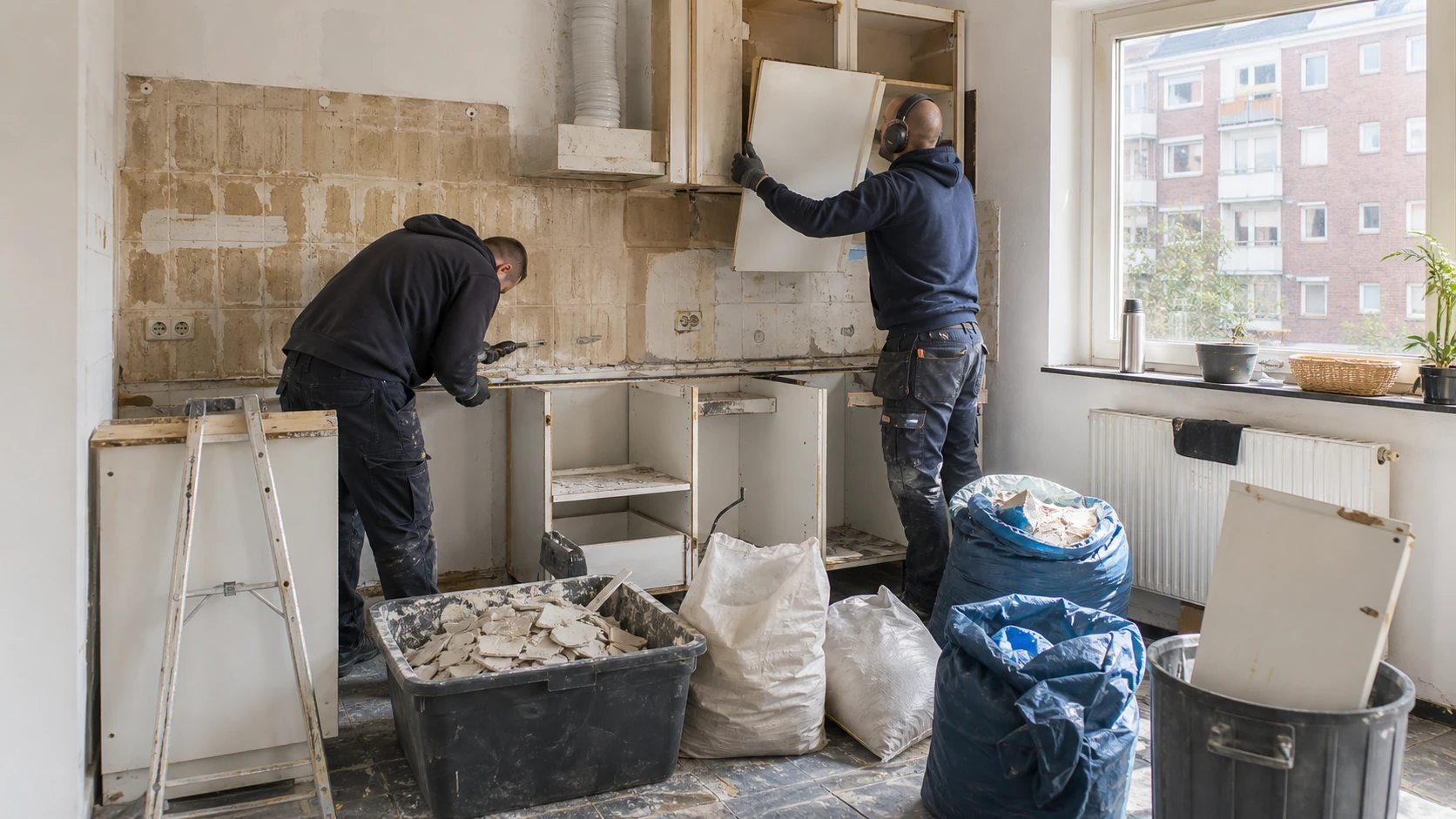Küchenrückbau in einer Hamburger Wohnung mit sortierten Schutt- und Bauschutt-Säcken