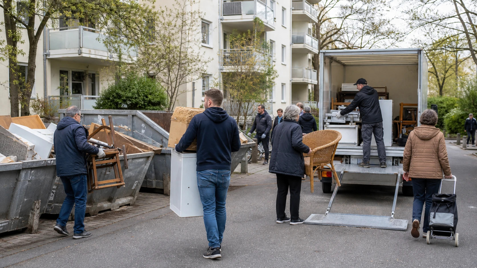 Bewohner und Servicekräfte räumen Sperrmüll in einer Hamburger Wohnanlage an einem Aktionstag zentral zusammen